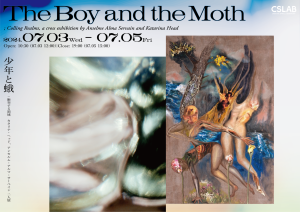 The Boy and the Moth ポスター。 タイトルと、アンセルムの抽象的な写真、カタリナの人型のようなモチーフが見えるコラージュ作品が大きく配置されている