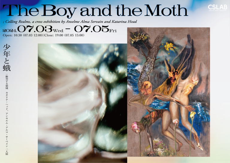 The Boy and the Moth ポスター。 タイトルと、アンセルムの抽象的な写真、カタリナの人型のようなモチーフが見えるコラージュ作品が大きく配置されている