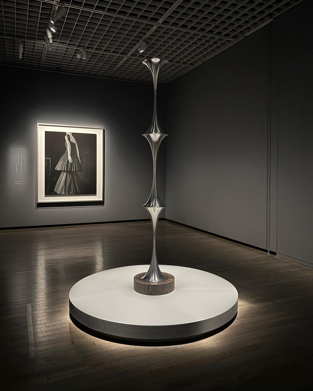Hiroshi Sugimoto (Foreground), Mathematical Model 014 Hypersphere: Constant Curvature Surface Revolution of Hyperbolic Type (2012) © Hiroshi Sugimoto / Courtesy of Gallery Koyanagi, (Background) Stylized Sculpture 118 [Soirée dress, Haute Couture Spring-Summer 1947, Corolle line] Christian Dior Couture collection, Paris (2025) ©Hiroshi Sugimoto, Object: © Christian Dior Couture collection, Paris